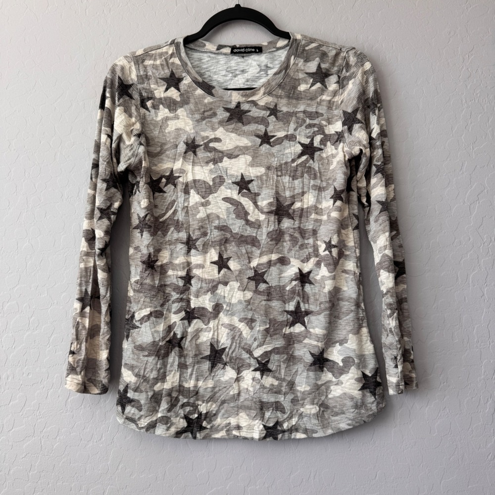 David Cline Camo‎ Star Print Long Sleeve Top Casual T-Shirt Gray Large